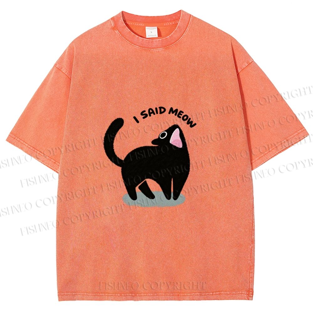 Unisex Black Cat I Said Meow Printed Washed Tee