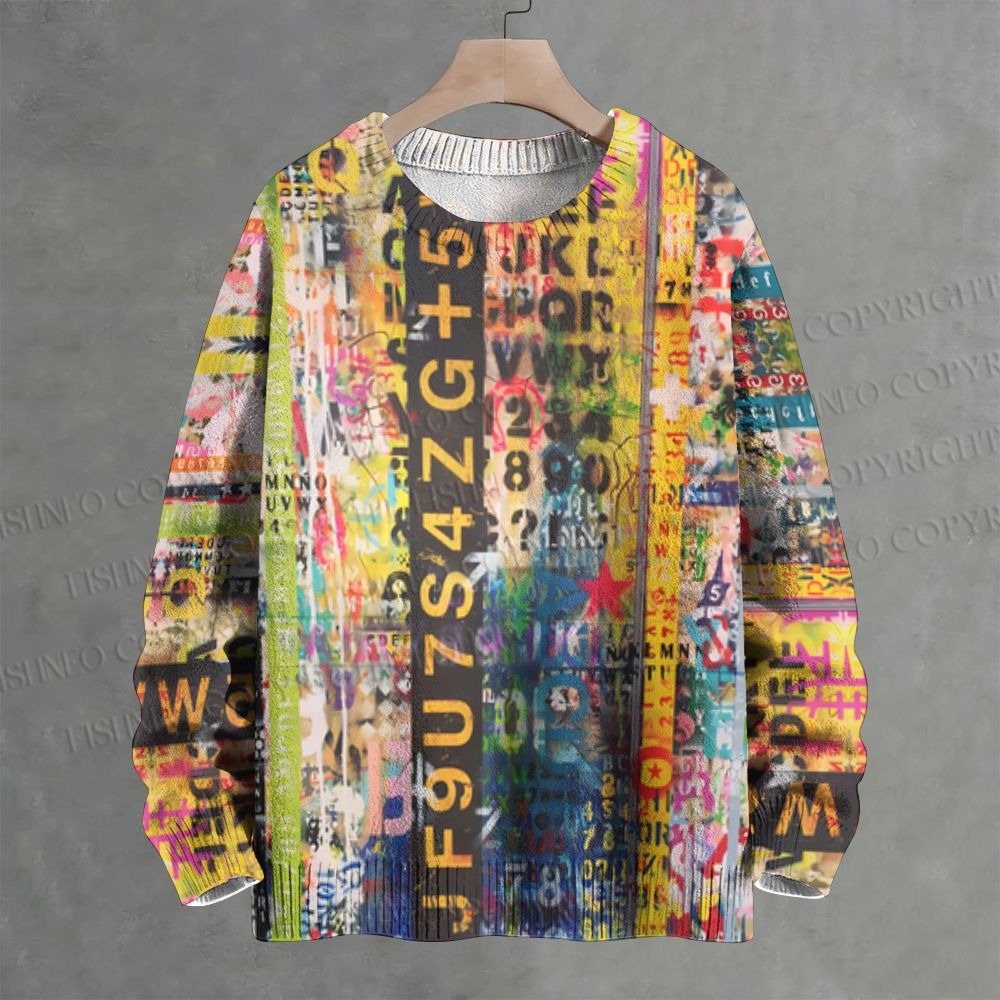 Letters Numbers Striped Graffiti Crew Neck Sweater