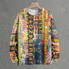 Letters Numbers Striped Graffiti Crew Neck Sweater