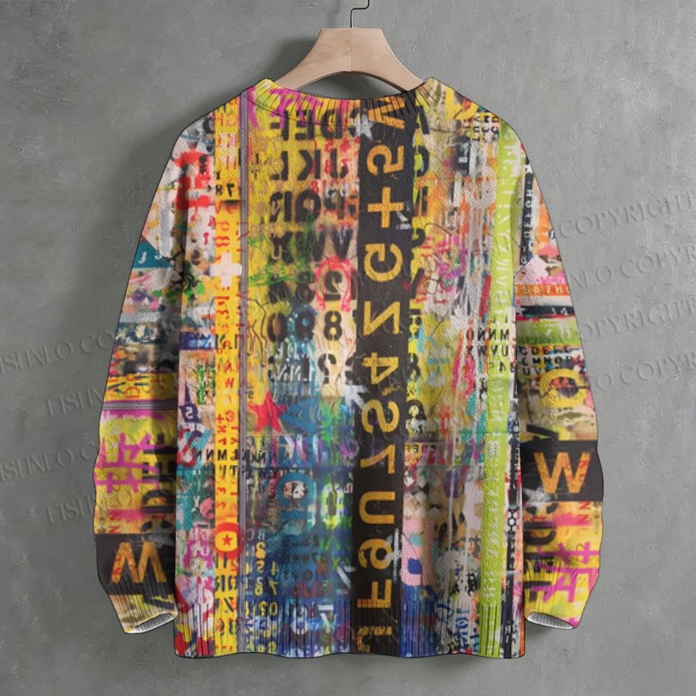 Letters Numbers Striped Graffiti Crew Neck Sweater