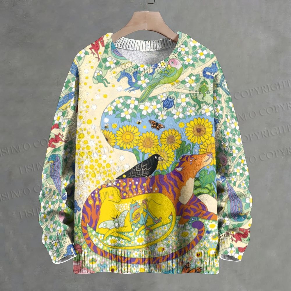 Yellow Dog With Tiger in Garden Crew Neck Sweater