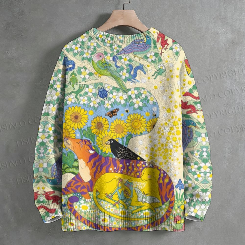 Yellow Dog With Tiger in Garden Crew Neck Sweater