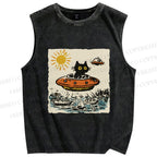 Unisex Black ET Cat in UFO Printed Washed Tank Top