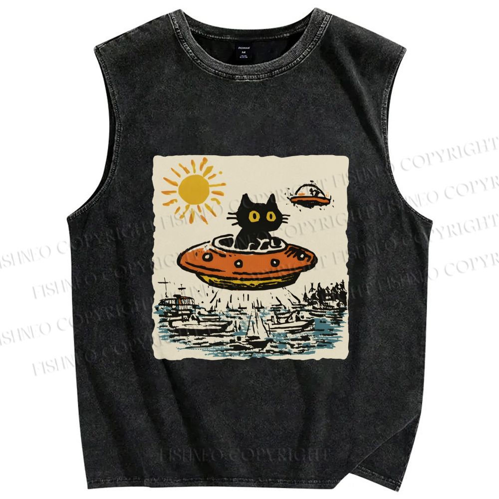 Unisex Black ET Cat in UFO Printed Washed Tank Top