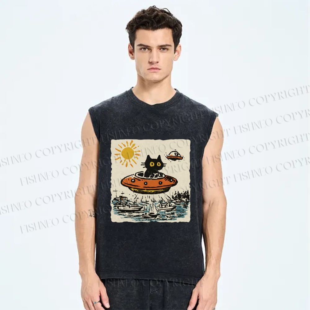 Unisex Black ET Cat in UFO Printed Washed Tank Top