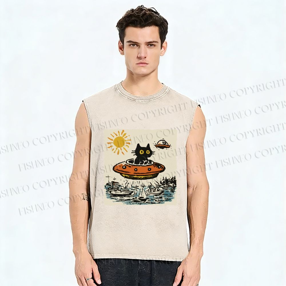 Unisex Black ET Cat in UFO Printed Washed Tank Top