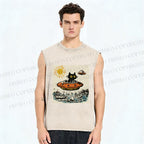 Unisex Black ET Cat in UFO Printed Washed Tank Top
