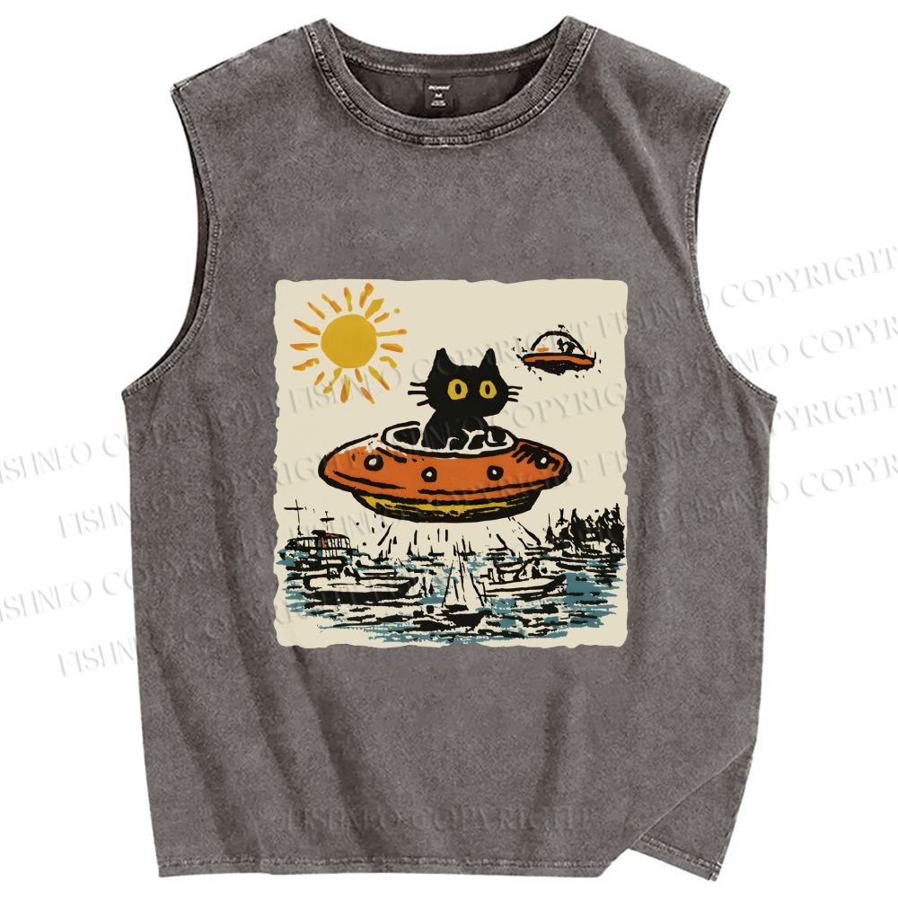 Unisex Black ET Cat in UFO Printed Washed Tank Top