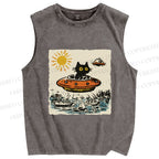 Unisex Black ET Cat in UFO Printed Washed Tank Top