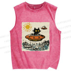 Unisex Black ET Cat in UFO Printed Washed Tank Top