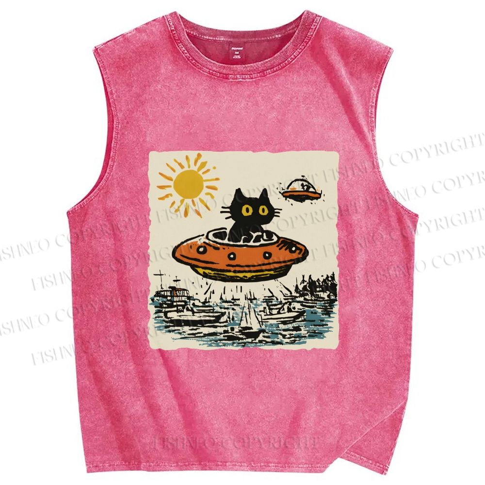 Unisex Black ET Cat in UFO Printed Washed Tank Top