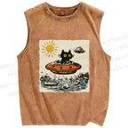 Unisex Black ET Cat in UFO Printed Washed Tank Top