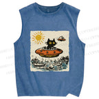 Unisex Black ET Cat in UFO Printed Washed Tank Top