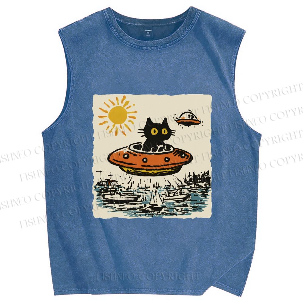 Unisex Black ET Cat in UFO Printed Washed Tank Top