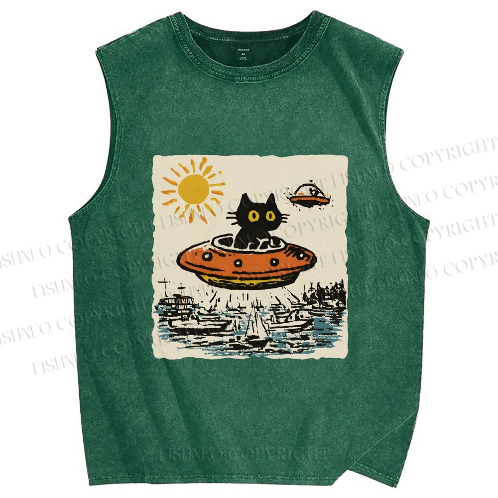 Unisex Black ET Cat in UFO Printed Washed Tank Top