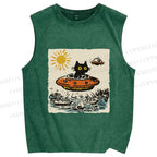Unisex Black ET Cat in UFO Printed Washed Tank Top