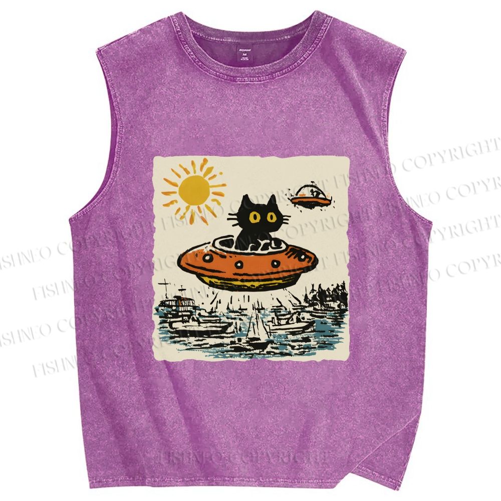 Unisex Black ET Cat in UFO Printed Washed Tank Top