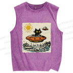 Unisex Black ET Cat in UFO Printed Washed Tank Top
