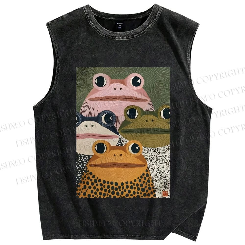 Unisex Vintage Frogs Printed Washed Tank Top