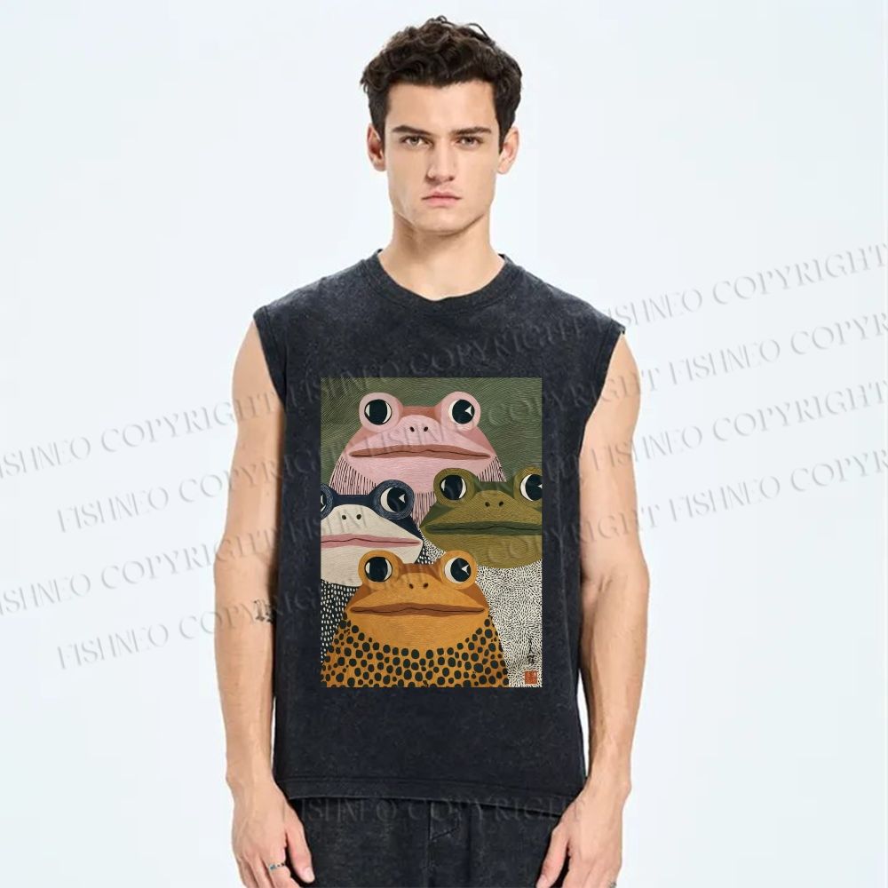 Unisex Vintage Frogs Printed Washed Tank Top