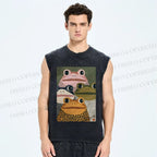 Unisex Vintage Frogs Printed Washed Tank Top