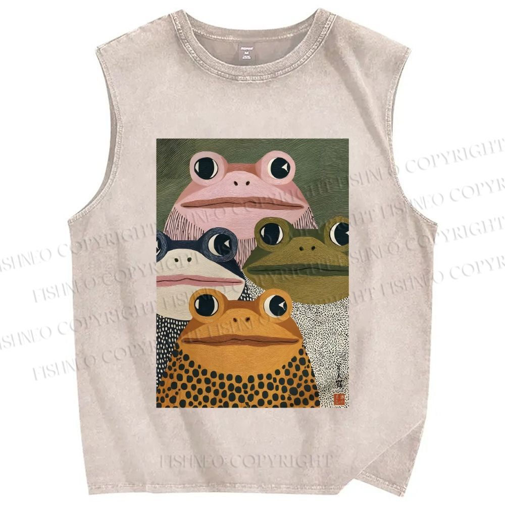 Unisex Vintage Frogs Printed Washed Tank Top