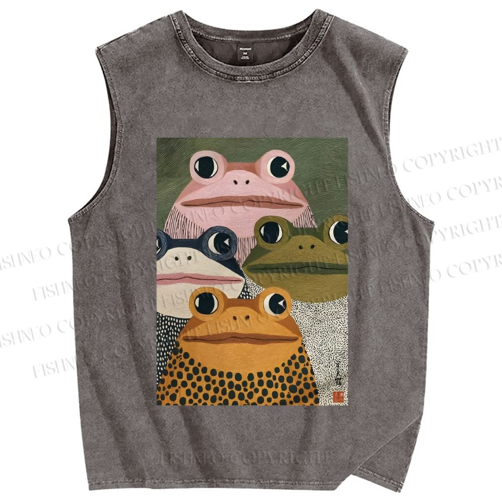 Unisex Vintage Frogs Printed Washed Tank Top