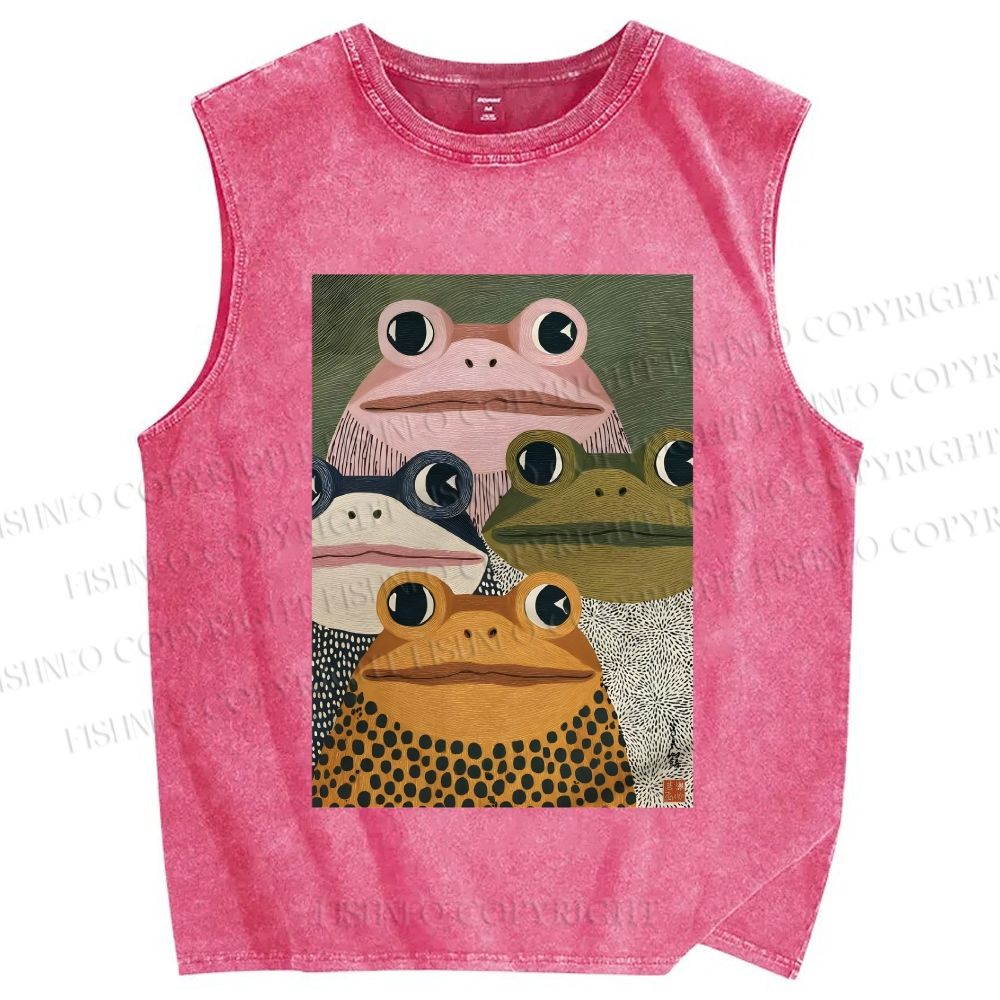 Unisex Vintage Frogs Printed Washed Tank Top