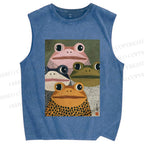 Unisex Vintage Frogs Printed Washed Tank Top