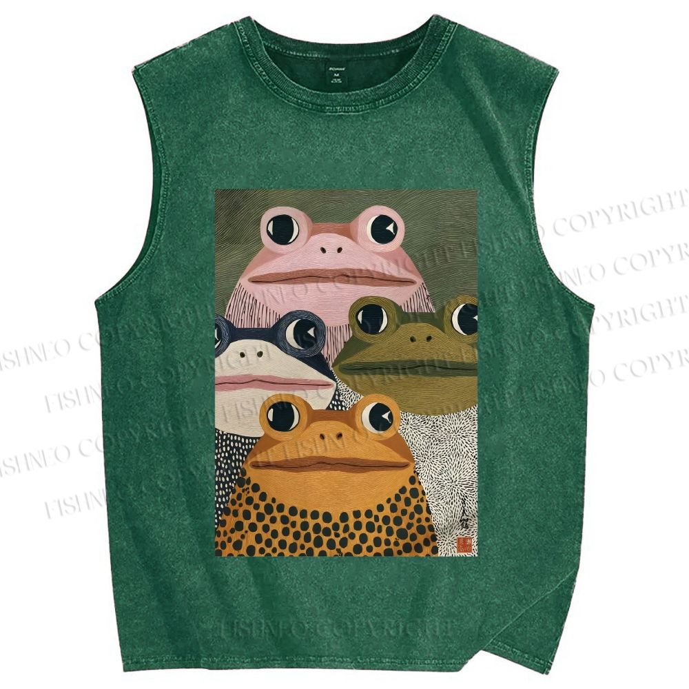 Unisex Vintage Frogs Printed Washed Tank Top