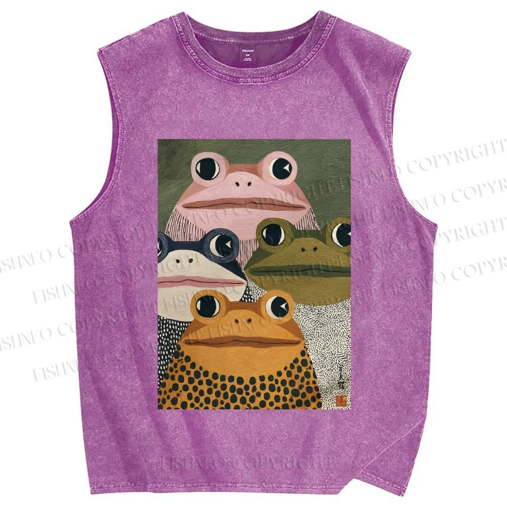Unisex Vintage Frogs Printed Washed Tank Top