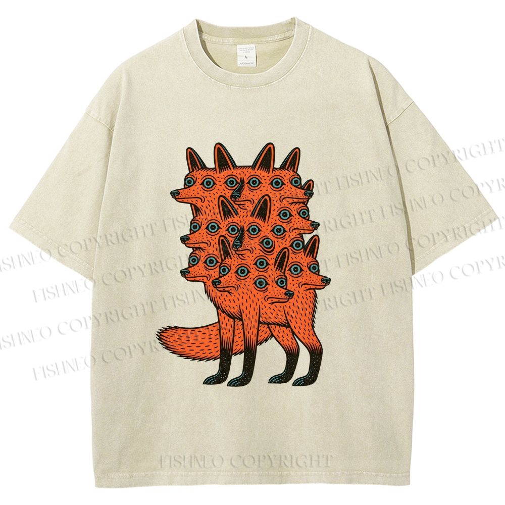 Unisex Multi-headed Fox Printed Washed Tee