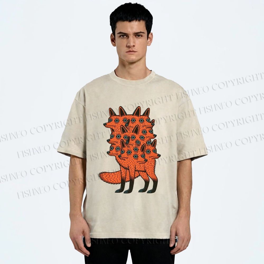 Unisex Multi-headed Fox Printed Washed Tee