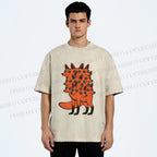 Unisex Multi-headed Fox Printed Washed Tee