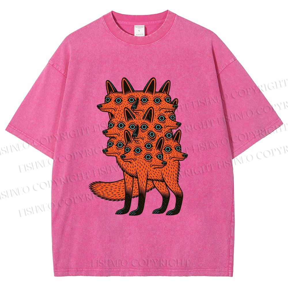 Unisex Multi-headed Fox Printed Washed Tee