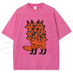 Unisex Multi-headed Fox Printed Washed Tee