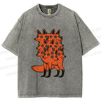 Unisex Multi-headed Fox Printed Washed Tee