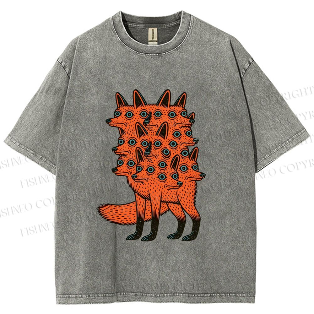 Unisex Multi-headed Fox Printed Washed Tee