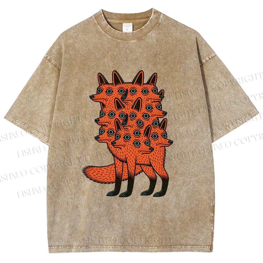 Unisex Multi-headed Fox Printed Washed Tee