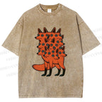 Unisex Multi-headed Fox Printed Washed Tee