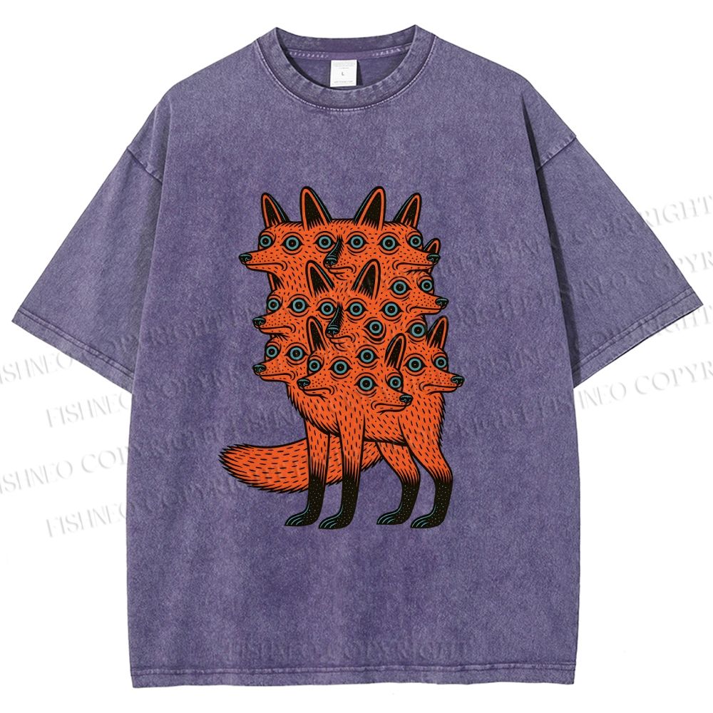 Unisex Multi-headed Fox Printed Washed Tee
