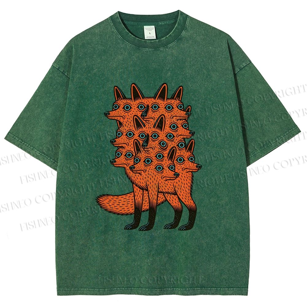 Unisex Multi-headed Fox Printed Washed Tee