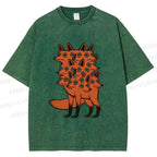 Unisex Multi-headed Fox Printed Washed Tee