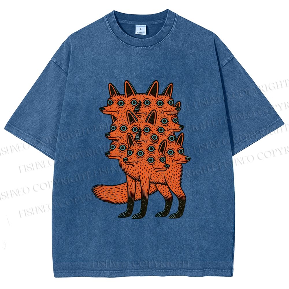 Unisex Multi-headed Fox Printed Washed Tee