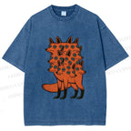 Unisex Multi-headed Fox Printed Washed Tee