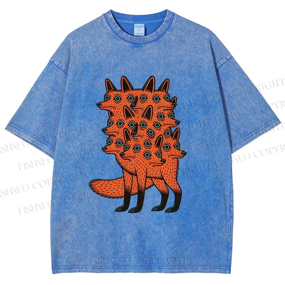 Unisex Multi-headed Fox Printed Washed Tee