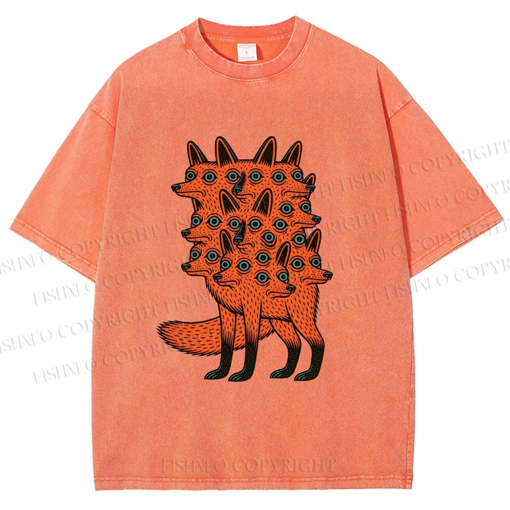 Unisex Multi-headed Fox Printed Washed Tee