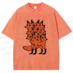 Unisex Multi-headed Fox Printed Washed Tee