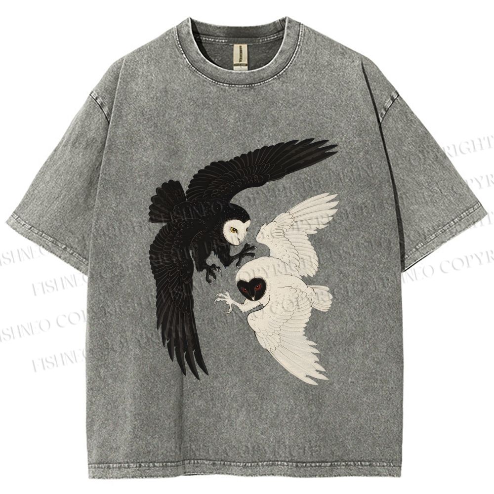 Unisex Owl in Black And White Printed Washed Tee