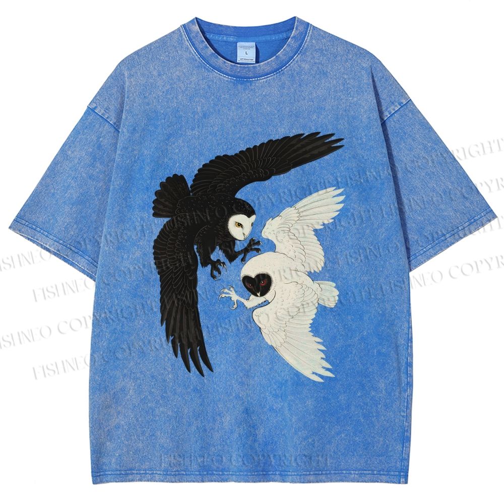 Unisex Owl in Black And White Printed Washed Tee